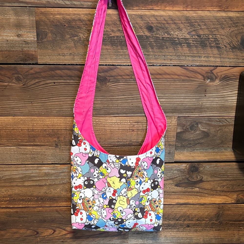 Colorful Cartoon Print Shoulder Bag with Pink Strap